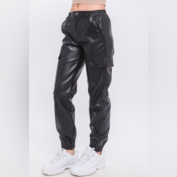 Blu Trends Pants - Women’s  Black Faux Leather Cargo Pants